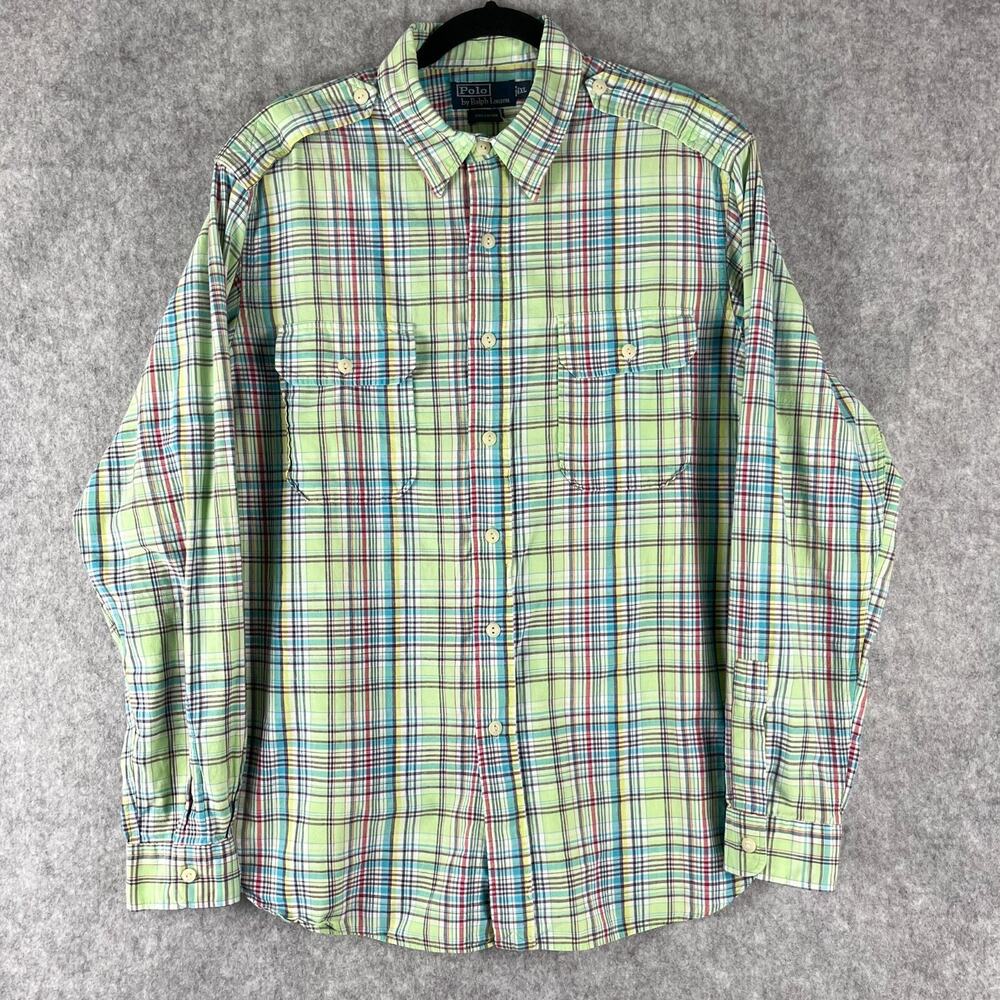Vintage Polo Ralph Lauren Shirt Mens XL Green Plaid Epaulet‎ Button Up Safari